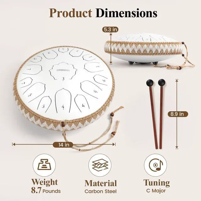 Alt view image 7 of 7 - Steel Tongue Drum Pro - 14 Inch 15 Note Rain Drum - Percussion Instrument for Meditation and Music, Hand Pan Drums with Music Book, Mallets and Carrying Bag (White)