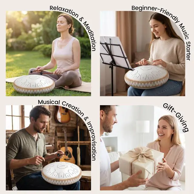 Alt view image 6 of 7 - Steel Tongue Drum Pro - 14 Inch 15 Note Rain Drum - Percussion Instrument for Meditation and Music, Hand Pan Drums with Music Book, Mallets and Carrying Bag (White)
