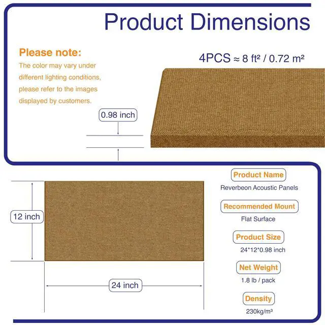 Alt view image 5 of 7 - 4PCS Acoustic Panels, 24"x12" Fabric Acoustic Panels for Walls, Self-Adhesive Sound Absorbing Panels for Home, Office, Studios (Camel Hazel)