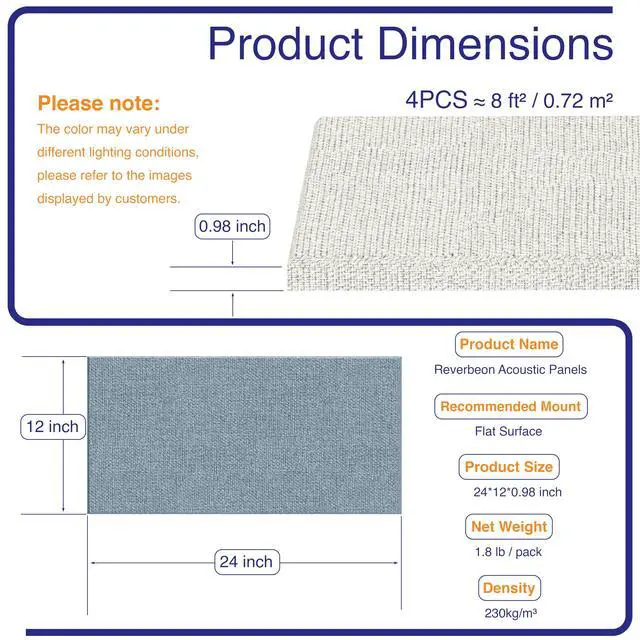 Alt view image 5 of 7 - 4PCS Acoustic Panels, 24"x12" Fabric Acoustic Panels for Walls, Self-Adhesive Sound Absorbing Panels for Home, Office, Studios (Slate Navy & Chalk White)
