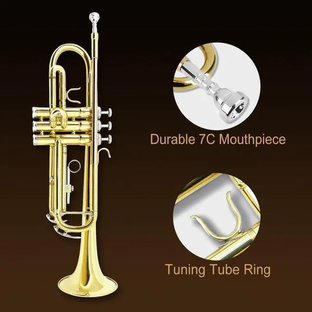 Alt view image 3 of 7 - Bb Trumpet for Beginners Standard B Flat Brass Instrument with 7C Mouthpiece, Hard Case & Cleaning Kit, Student Trumpet for Band Practice, Lessons & Gift (Golden)