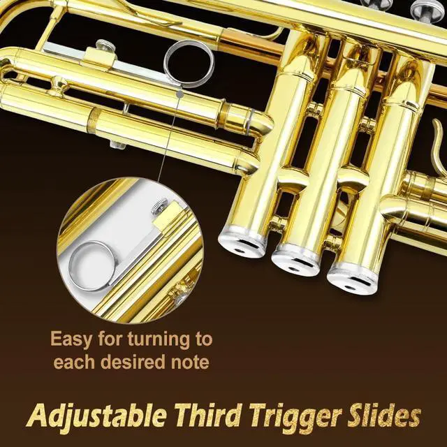 Alt view image 4 of 7 - Bb Trumpet for Beginners Standard B Flat Brass Instrument with 7C Mouthpiece, Hard Case & Cleaning Kit, Student Trumpet for Band Practice, Lessons & Gift (Golden)