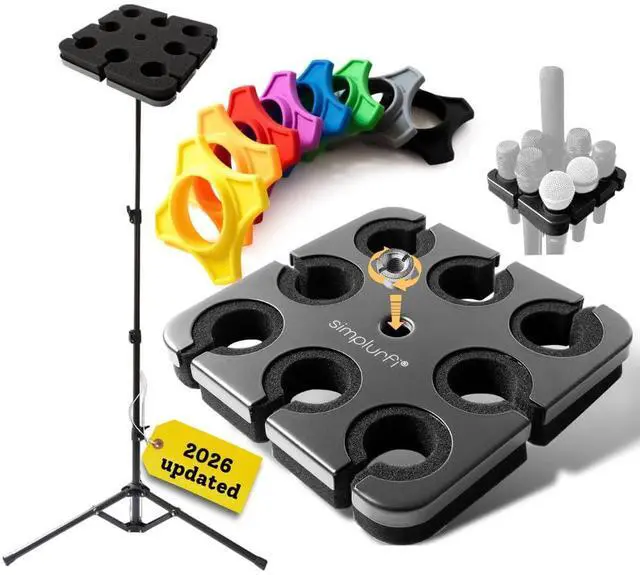 Main image of Multi Microphone Holder with floor Mic Stand - Square Tray Attachment holds up to 8 mics On Stage Organizer and Display - 8 Anti-roll Rings Included