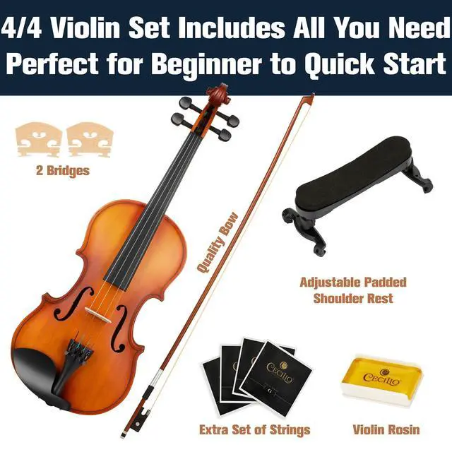 Alt view image 7 of 7 - Violin 4/4 Full Size Kit For Beginners - Hand Carved Acoustic Violins Set - Fiddle Solid Wood Kit with Hard Case, Bow, Rosin, Shoulder Rest, Bridge and Extra Strings