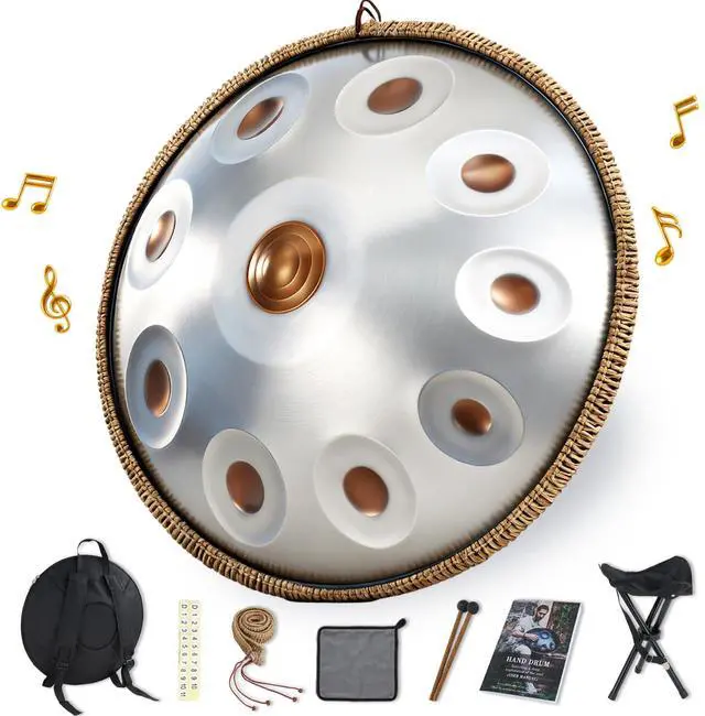 Main image of Handpan Drum 22 Inch, 10 Notes Triple-topped Hand Drum Instrument, 432Hz D Minor Kurd Premium Steel Hand Pan Drum for Adults, Complete Kit Includes Carrying Case, Stand, User Manual (Golden Eye)