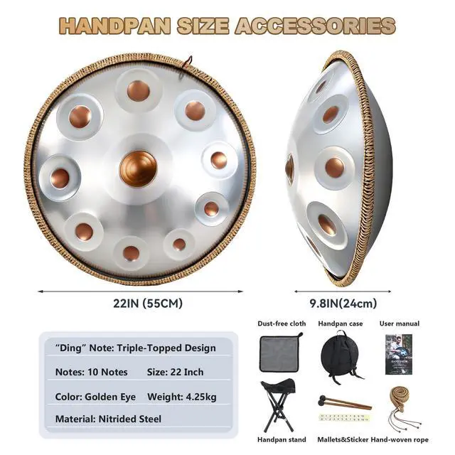 Alt view image 2 of 7 - Handpan Drum 22 Inch, 10 Notes Triple-topped Hand Drum Instrument, 432Hz D Minor Kurd Premium Steel Hand Pan Drum for Adults, Complete Kit Includes Carrying Case, Stand, User Manual (Golden Eye)