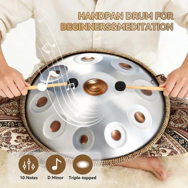 Alt view image 3 of 7 - Handpan Drum 22 Inch, 10 Notes Triple-topped Hand Drum Instrument, 432Hz D Minor Kurd Premium Steel Hand Pan Drum for Adults, Complete Kit Includes Carrying Case, Stand, User Manual (Golden Eye)