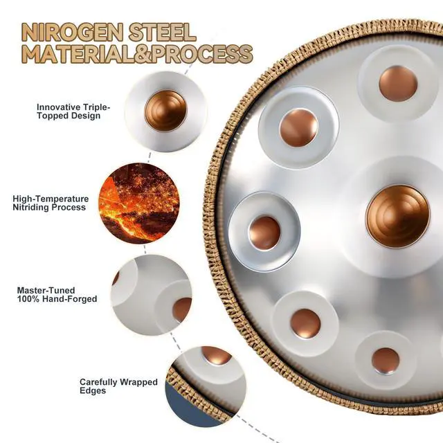 Alt view image 4 of 7 - Handpan Drum 22 Inch, 10 Notes Triple-topped Hand Drum Instrument, 432Hz D Minor Kurd Premium Steel Hand Pan Drum for Adults, Complete Kit Includes Carrying Case, Stand, User Manual (Golden Eye)