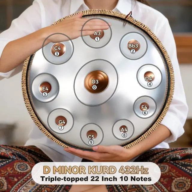 Alt view image 6 of 7 - Handpan Drum 22 Inch, 10 Notes Triple-topped Hand Drum Instrument, 432Hz D Minor Kurd Premium Steel Hand Pan Drum for Adults, Complete Kit Includes Carrying Case, Stand, User Manual (Golden Eye)