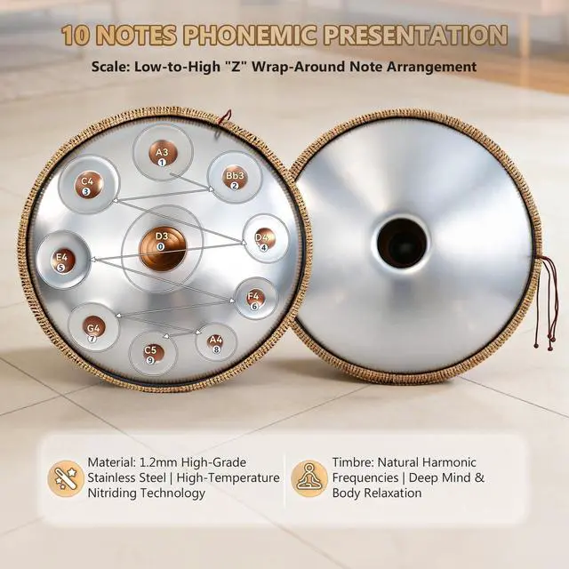 Alt view image 7 of 7 - Handpan Drum 22 Inch, 10 Notes Triple-topped Hand Drum Instrument, 432Hz D Minor Kurd Premium Steel Hand Pan Drum for Adults, Complete Kit Includes Carrying Case, Stand, User Manual (Golden Eye)