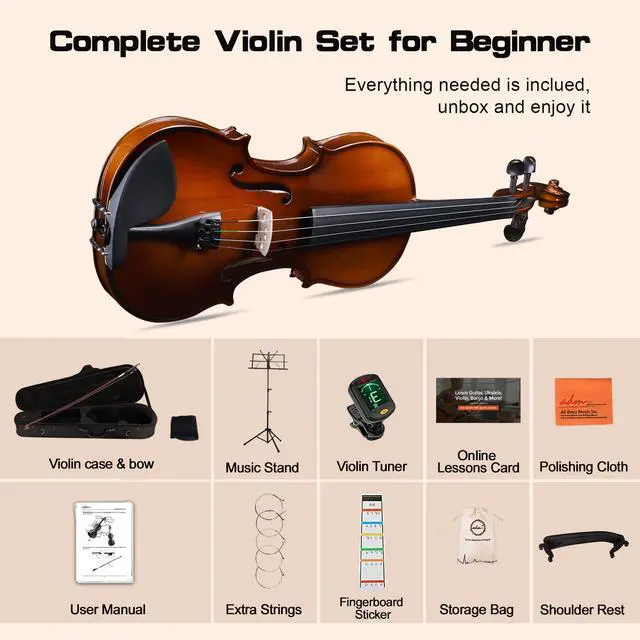 Alt view image 7 of 7 - Acoustic Violin for Beginner 4/4 Full Size Violin Set Solid Wood Ebony for Adult Teen Student Starter Kit with Hard Case, Shoulder Rest, Bow, Music Stand, Strings, Free Lessons (Sepia, 4/4 Size)