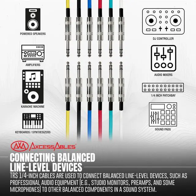 Alt view image 2 of 7 - AxcessAbles 20ft 6-Pack TRS to Audio Cables - 1/4" Balanced, Multi-Color, Male-to-Male, Studio & Home Audio