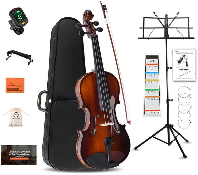 Main image of Acoustic Violin for Beginner 4/4 Full Size Violin Set Solid Wood Ebony for Adult Teen Student Starter Kit with Hard Case, Shoulder Rest, Bow, Music Stand, Strings, Free Lessons (Sepia, 4/4 Size)