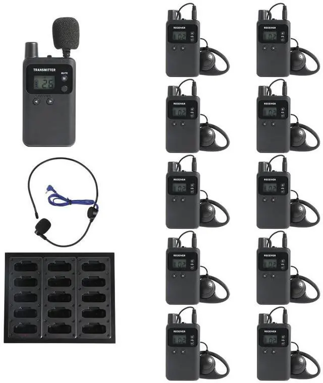 Main image of Wireless Tour Guide System, Tour Guide Microphone, Tour Guide Headsets 1 Transmitter 10 Receivers 1 Charger Court Church Translation Assisted Listening System for Factory School