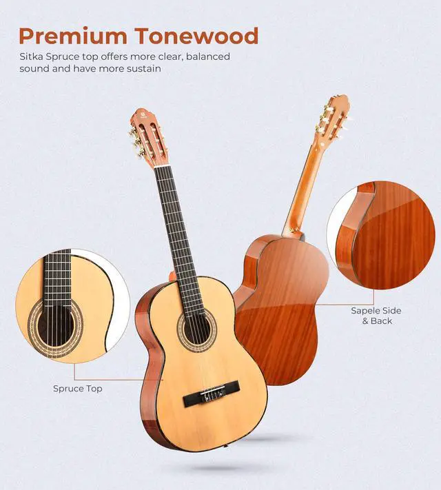 Alt view image 3 of 7 - Classical Guitar 36" 3/4 Spanish Style Classical Guitarra, 36 Inch Nylon Strings Guitar Ideal for Beginner Teens Adults, Natural Spruce, by