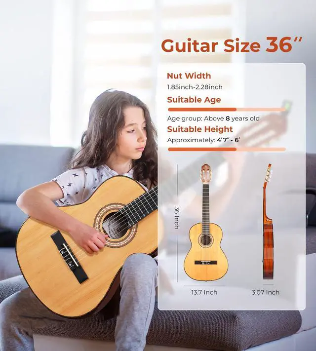 Alt view image 6 of 7 - Classical Guitar 36" 3/4 Spanish Style Classical Guitarra, 36 Inch Nylon Strings Guitar Ideal for Beginner Teens Adults, Natural Spruce, by