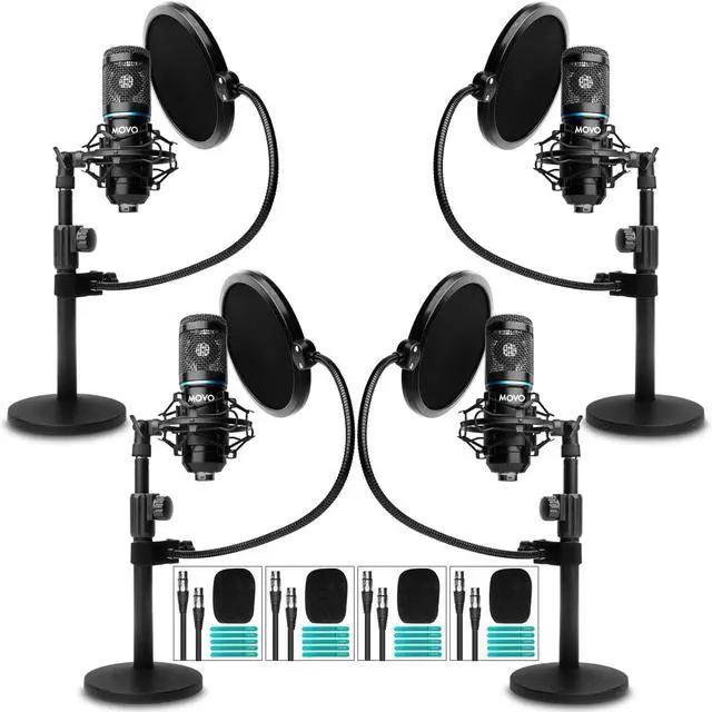 Main image of PodPak4T 4-Pack Universal XLR Podcast Microphone Bundle- Includes 4 Cardioid Condenser Mics, Desktop Mic Stands, Pop Filters, Shock Mounts, and Cables for Podcast Equipment