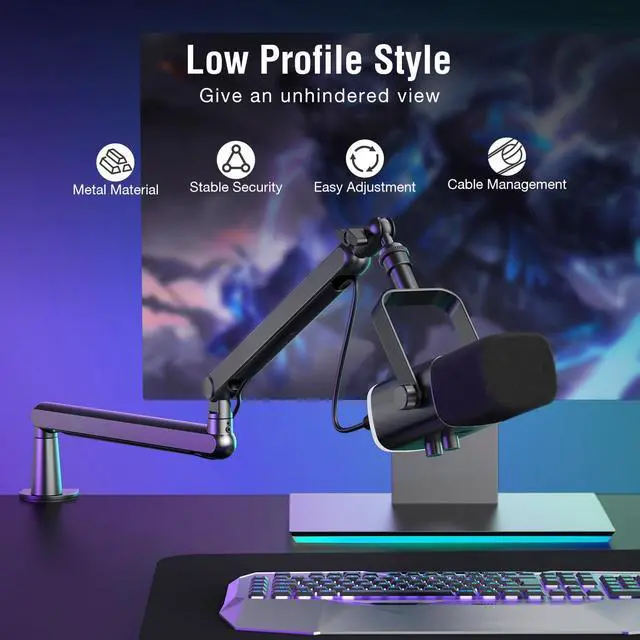 Alt view image 2 of 7 - Gaming Microphone and Low Profile Arm Stand Bundle, XLR/USB Dynamic Mic with Mute Button, RGB Light, Desktop Stand, Adjustable Boom Arm Kit with Screw Adapter for Streaming Studio (AM8+BM88)