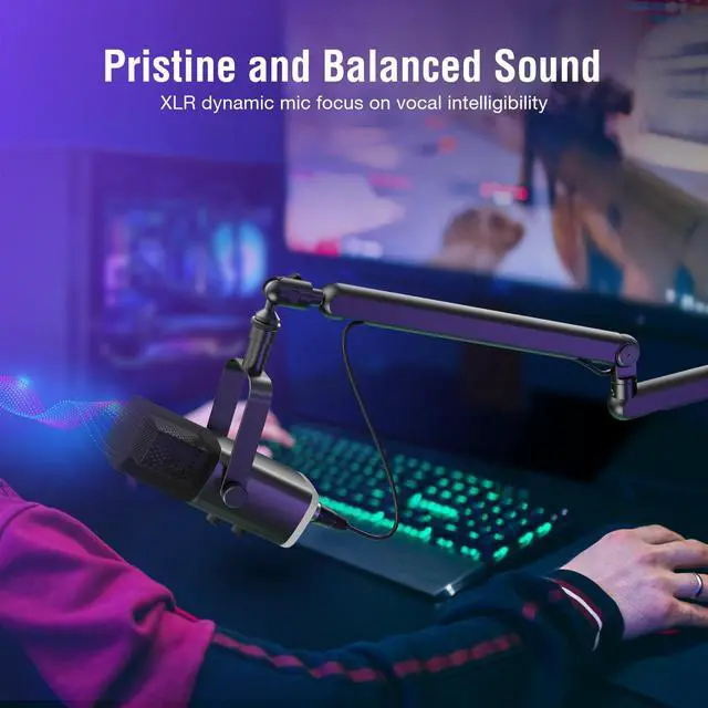 Alt view image 3 of 7 - Gaming Microphone and Low Profile Arm Stand Bundle, XLR/USB Dynamic Mic with Mute Button, RGB Light, Desktop Stand, Adjustable Boom Arm Kit with Screw Adapter for Streaming Studio (AM8+BM88)