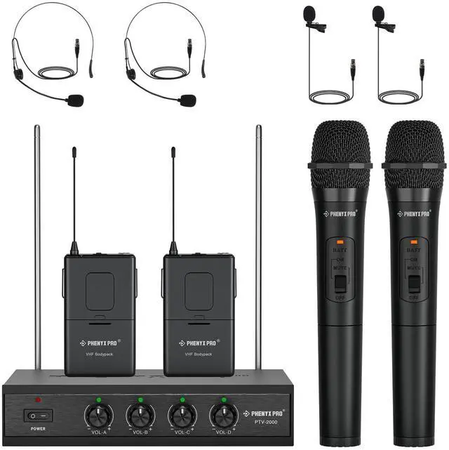 Main image of Wireless Microphone System, 4-Channel VHF Wireless Microphone Set with 2 Handhelds/2 Bodypacks/2 Lapels/ 2 Headset, Metal Receiver, Suitable for Church, Meeting, Conference(PTV-2000-2H2B)
