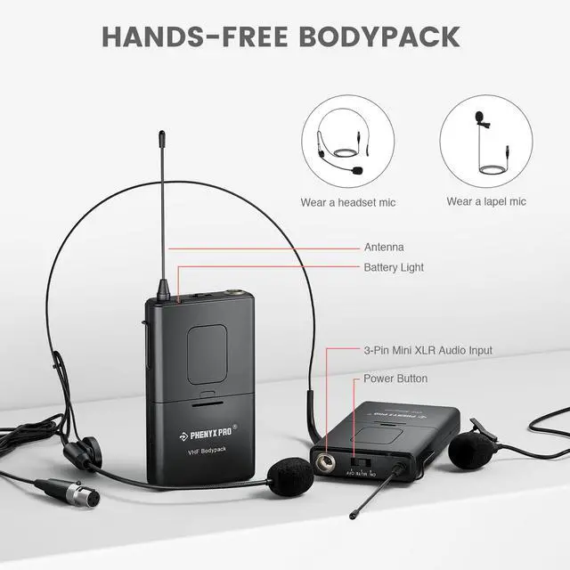 Alt view image 5 of 7 - Wireless Microphone System, 4-Channel VHF Wireless Microphone Set with 2 Handhelds/2 Bodypacks/2 Lapels/ 2 Headset, Metal Receiver, Suitable for Church, Meeting, Conference(PTV-2000-2H2B)