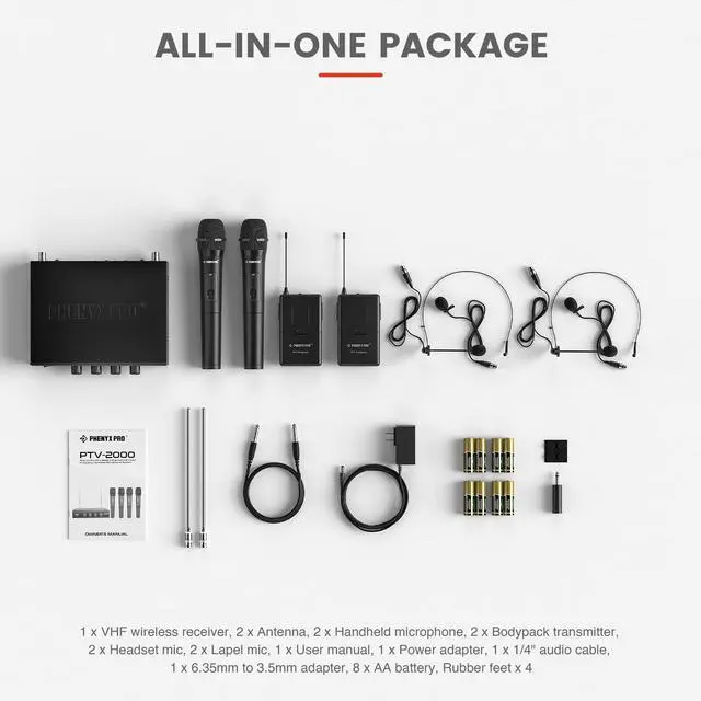 Alt view image 6 of 7 - Wireless Microphone System, 4-Channel VHF Wireless Microphone Set with 2 Handhelds/2 Bodypacks/2 Lapels/ 2 Headset, Metal Receiver, Suitable for Church, Meeting, Conference(PTV-2000-2H2B)