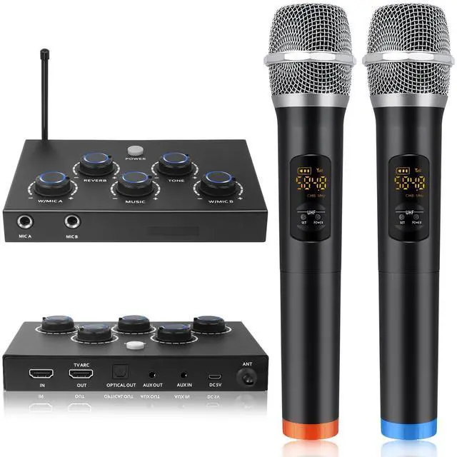 Main image of Wireless Karaoke System, Portable Karaoke Microphone Mixer with 16 Channels UHF Wireless, Optical AUX Microphone Speaker for Smart TV, PC, Amplifier, Speaker, KTV
