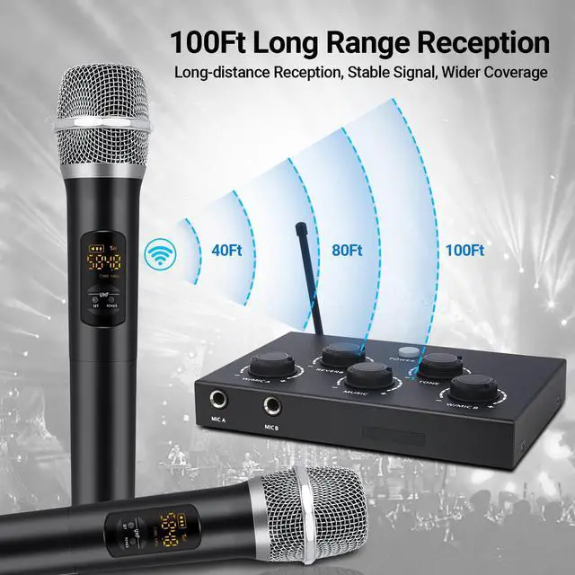 Alt view image 2 of 7 - Wireless Karaoke System, Portable Karaoke Microphone Mixer with 16 Channels UHF Wireless, Optical AUX Microphone Speaker for Smart TV, PC, Amplifier, Speaker, KTV