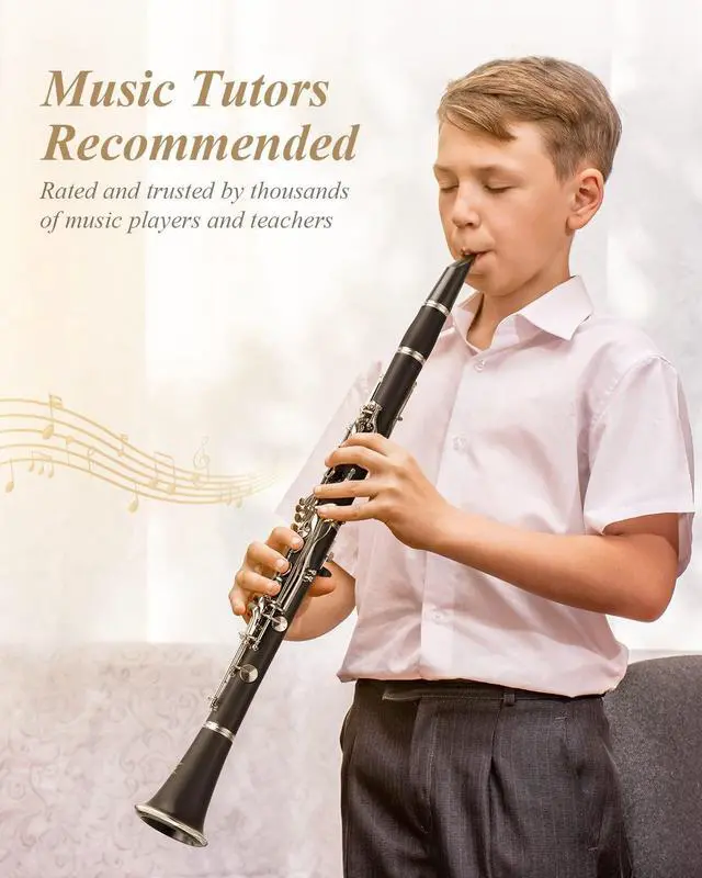 Alt view image 3 of 7 - B Flat Clarinet for Beginner, Ebonite Clarinet Nickel-plated with 2 Barrels, 3 Reeds, White Gloves, Hard Case, Cleaning Kt, ECL-300