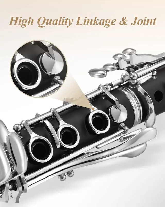 Alt view image 4 of 7 - B Flat Clarinet for Beginner, Ebonite Clarinet Nickel-plated with 2 Barrels, 3 Reeds, White Gloves, Hard Case, Cleaning Kt, ECL-300