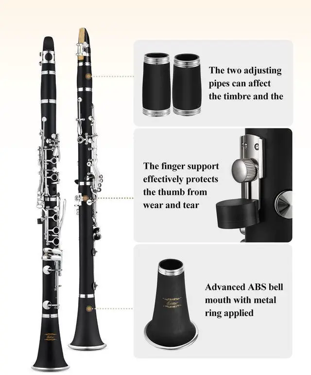 Alt view image 5 of 7 - B Flat Clarinet for Beginner, Ebonite Clarinet Nickel-plated with 2 Barrels, 3 Reeds, White Gloves, Hard Case, Cleaning Kt, ECL-300