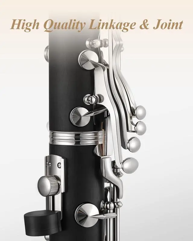 Alt view image 6 of 7 - B Flat Clarinet for Beginner, Ebonite Clarinet Nickel-plated with 2 Barrels, 3 Reeds, White Gloves, Hard Case, Cleaning Kt, ECL-300