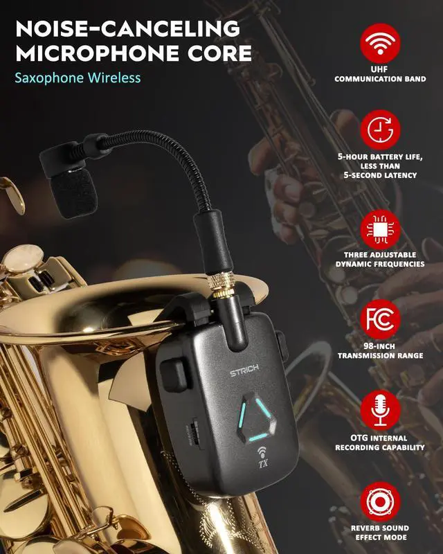 Alt view image 2 of 7 - UHF Rechargeable Wireless Instrument Microphone System with Clip-on Transmitter & Receiver, 99ft Range, Reverb OTG Recording, for Trumpet, Trombone, Saxophone & Brass Instruments