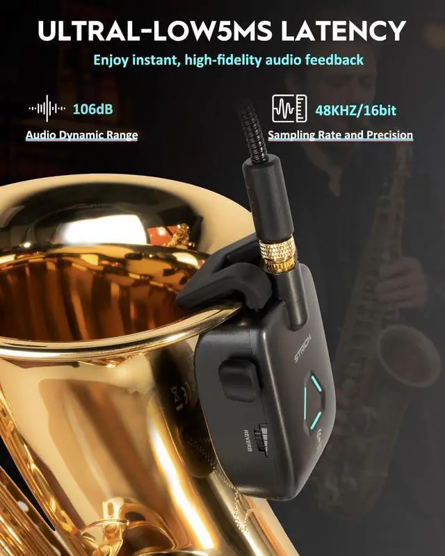Alt view image 3 of 7 - UHF Rechargeable Wireless Instrument Microphone System with Clip-on Transmitter & Receiver, 99ft Range, Reverb OTG Recording, for Trumpet, Trombone, Saxophone & Brass Instruments