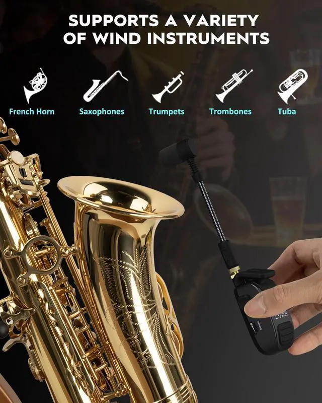 Alt view image 4 of 7 - UHF Rechargeable Wireless Instrument Microphone System with Clip-on Transmitter & Receiver, 99ft Range, Reverb OTG Recording, for Trumpet, Trombone, Saxophone & Brass Instruments