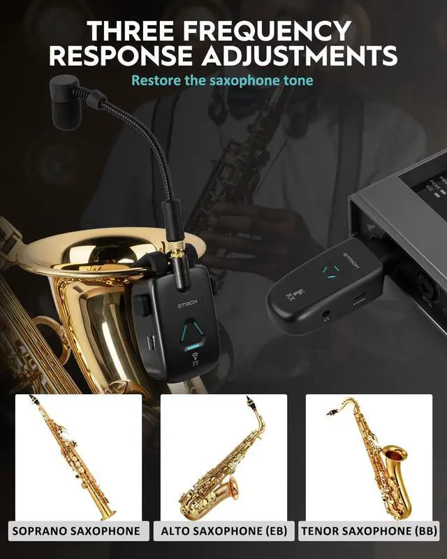 Alt view image 5 of 7 - UHF Rechargeable Wireless Instrument Microphone System with Clip-on Transmitter & Receiver, 99ft Range, Reverb OTG Recording, for Trumpet, Trombone, Saxophone & Brass Instruments
