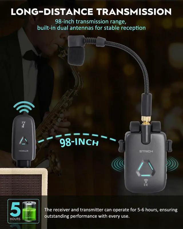 Alt view image 6 of 7 - UHF Rechargeable Wireless Instrument Microphone System with Clip-on Transmitter & Receiver, 99ft Range, Reverb OTG Recording, for Trumpet, Trombone, Saxophone & Brass Instruments