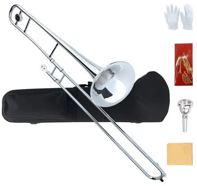 Main image of Bb Tenor Slide Trombone B Flat Brass Trombone Nickel Plated - Includes Hard Case, Mouthpiece & Cleaning Kit Fit for Musicians and Beginners12.7 mm & 205 mm