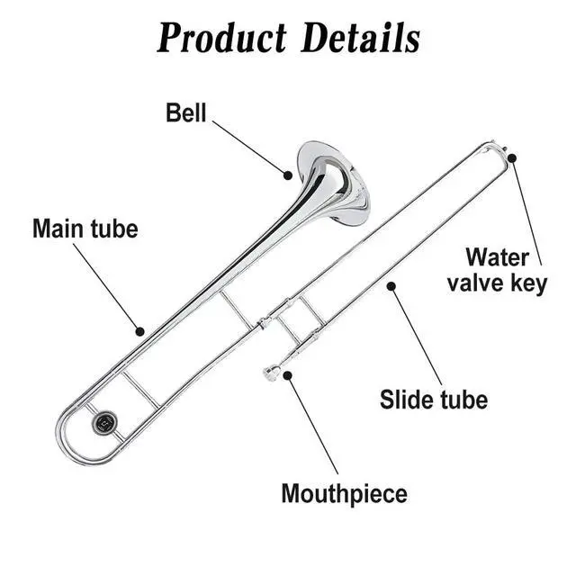 Alt view image 2 of 6 - Bb Tenor Slide Trombone B Flat Brass Trombone Nickel Plated - Includes Hard Case, Mouthpiece & Cleaning Kit Fit for Musicians and Beginners12.7 mm & 205 mm