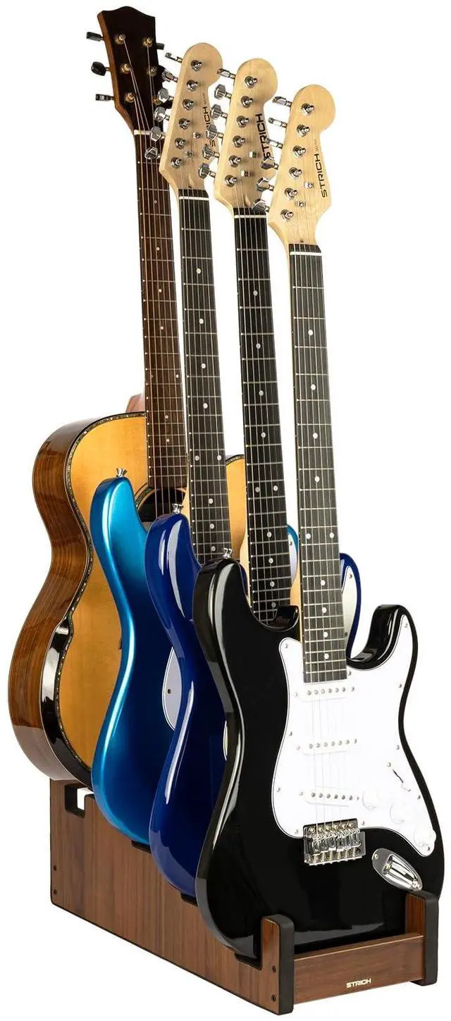 Main image of Wooden Guitar Stand for Multiple Guitars, 4-Holder, Front Display Space-Saving Floor Guitar Rack for Home, Studio, Stage, Walnut Color, L-3E1AW (For 3 Electric+1 Acoustic)