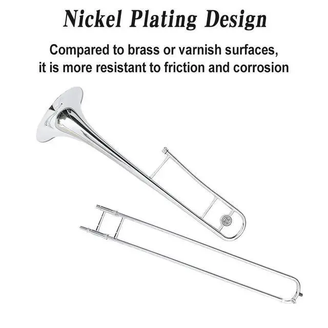 Alt view image 6 of 6 - Bb Tenor Slide Trombone B Flat Brass Trombone Nickel Plated - Includes Hard Case, Mouthpiece & Cleaning Kit Fit for Musicians and Beginners12.7 mm & 205 mm