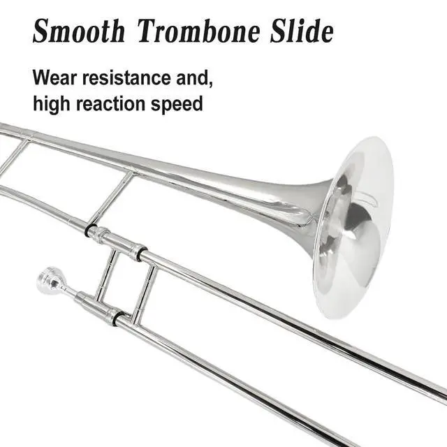 Alt view image 4 of 6 - Bb Tenor Slide Trombone B Flat Brass Trombone Nickel Plated - Includes Hard Case, Mouthpiece & Cleaning Kit Fit for Musicians and Beginners12.7 mm & 205 mm