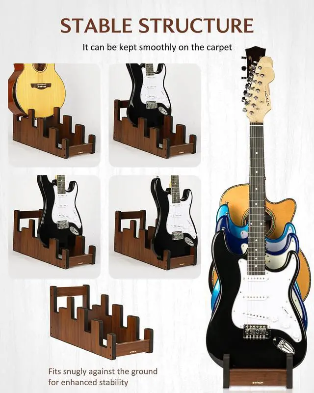 Alt view image 4 of 7 - Wooden Guitar Stand for Multiple Guitars, 4-Holder, Front Display Space-Saving Floor Guitar Rack for Home, Studio, Stage, Walnut Color, L-3E1AW (For 3 Electric+1 Acoustic)