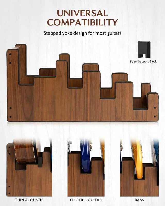 Alt view image 3 of 7 - Wooden Guitar Stand for Multiple Guitars, 4-Holder, Front Display Space-Saving Floor Guitar Rack for Home, Studio, Stage, Walnut Color, L-3E1AW (For 3 Electric+1 Acoustic)