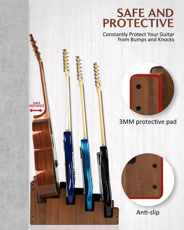 Alt view image 5 of 7 - Wooden Guitar Stand for Multiple Guitars, 4-Holder, Front Display Space-Saving Floor Guitar Rack for Home, Studio, Stage, Walnut Color, L-3E1AW (For 3 Electric+1 Acoustic)