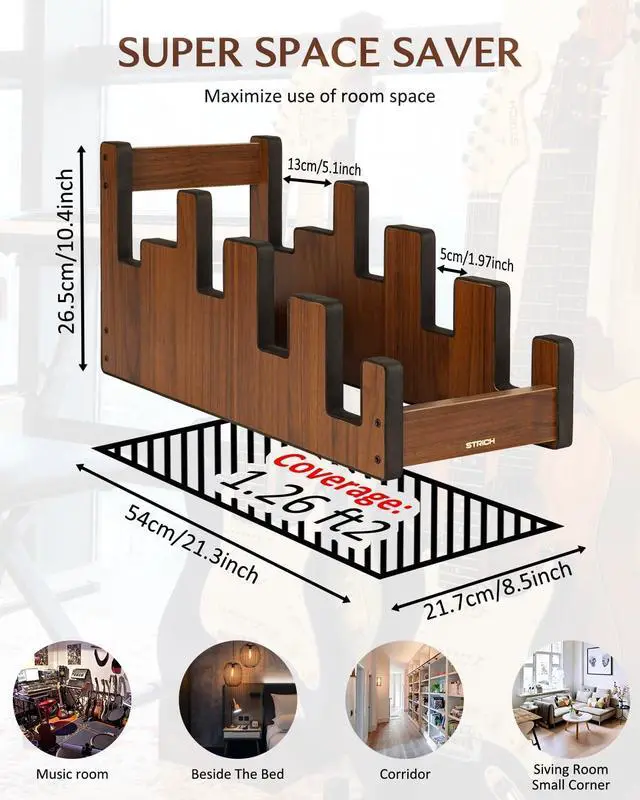 Alt view image 6 of 7 - Wooden Guitar Stand for Multiple Guitars, 4-Holder, Front Display Space-Saving Floor Guitar Rack for Home, Studio, Stage, Walnut Color, L-3E1AW (For 3 Electric+1 Acoustic)