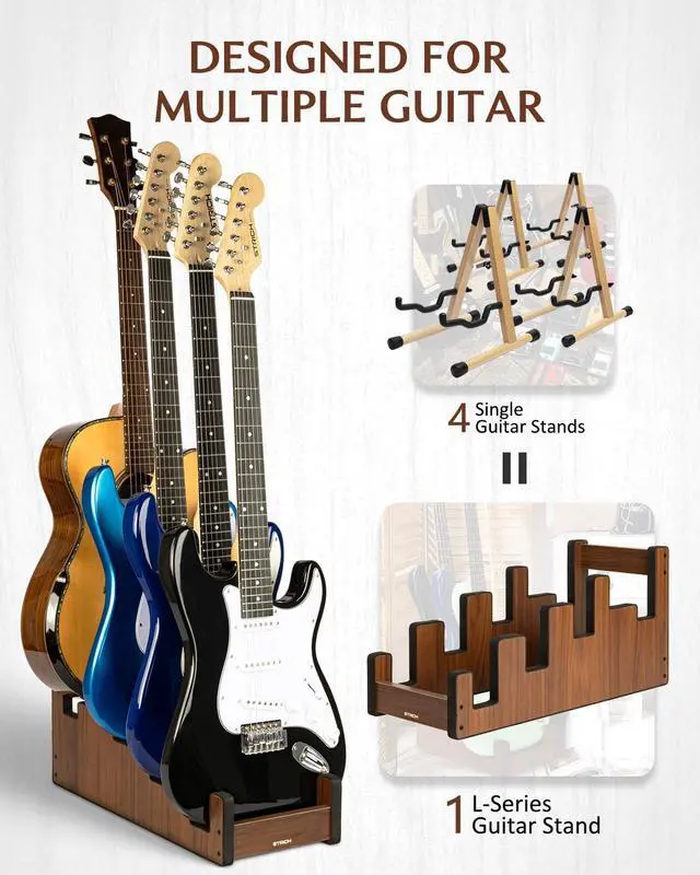 Alt view image 2 of 7 - Wooden Guitar Stand for Multiple Guitars, 4-Holder, Front Display Space-Saving Floor Guitar Rack for Home, Studio, Stage, Walnut Color, L-3E1AW (For 3 Electric+1 Acoustic)