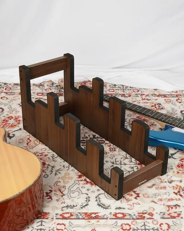 Alt view image 7 of 7 - Wooden Guitar Stand for Multiple Guitars, 4-Holder, Front Display Space-Saving Floor Guitar Rack for Home, Studio, Stage, Walnut Color, L-3E1AW (For 3 Electric+1 Acoustic)