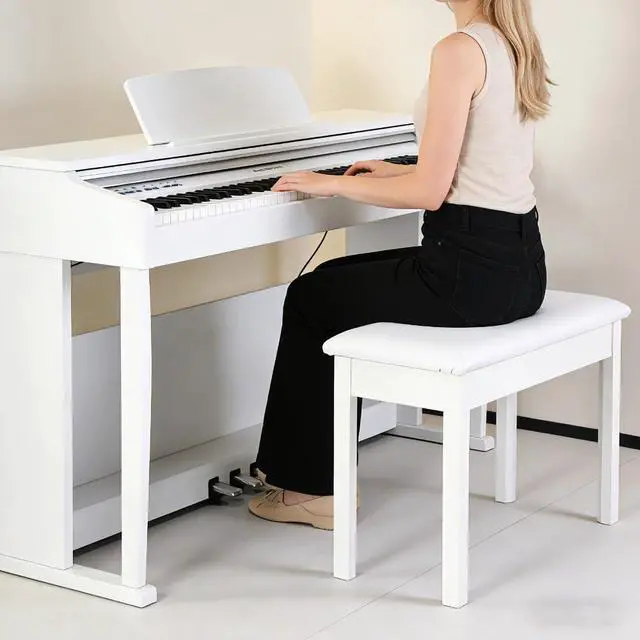 Alt view image 2 of 7 - S100 Solid Wood Duet Piano Bench with Storage, Piano Stool with Padded Cushion, Keyboard Bench with Bookcase, Piano Chair and Piano Seat. High-Density Sponges. (White)