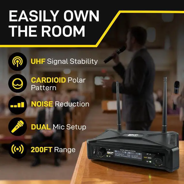 Alt view image 3 of 7 - UHF-300D Dual Wireless Microphone System Handheld Wireless Microphones with LCD Display, 200ft Range, Clear Sound, Long Battery for Karaoke, Singing, Church & DJs